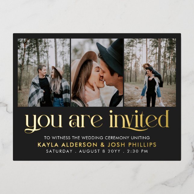 Black Gold Serif 3 Photos You Are Invited Wedding Foil Invitation Postcard (Front)