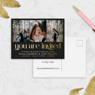 Black Gold Serif 3 Photos You Are Invited Wedding Foil Invitation Postcard