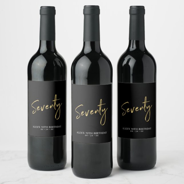 Black & Gold Seventy Script 70th Birthday Party Wine Label (Bottles)