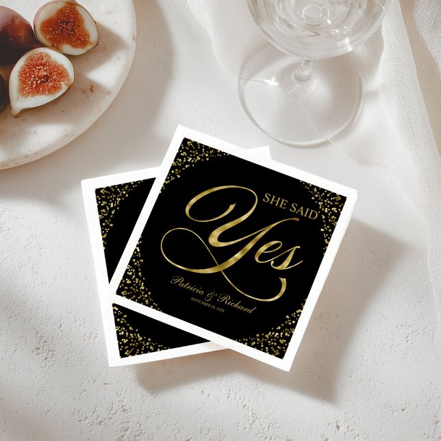 Black Gold She Said Yes Engagement Party Napkin (Creator Uploaded)