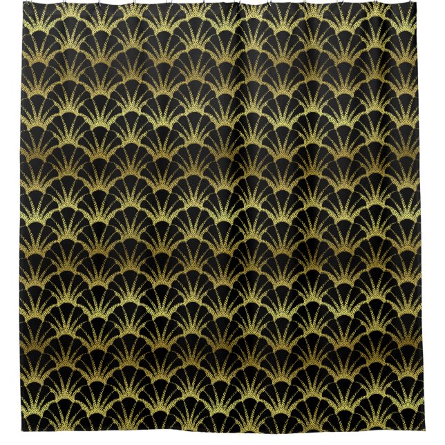 Black Gold Shell Scales Classy Art Deco Shower Curtain (Front)