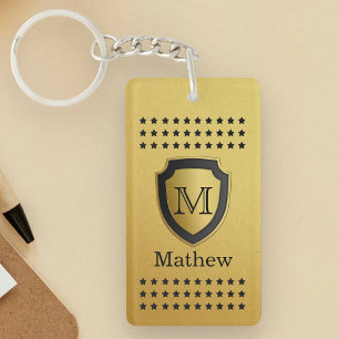 Black Gold Shield Monogram Name Star Pattern Manly Key Ring