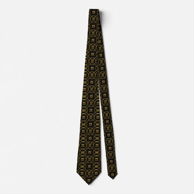 Black Gold Shiny Geometric Pattern Elegant Tie (Front)