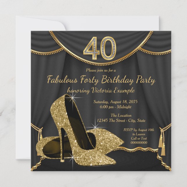 Black Gold Shoe Fabulous 40th Birthday Party Invitation (Front)