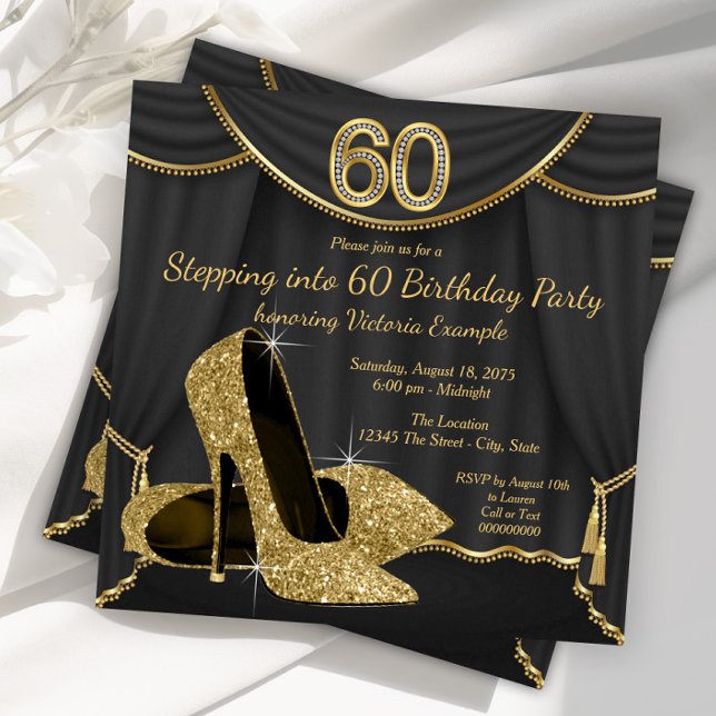 Black Gold Shoe Stepping into 60 Birthday Party Invitation (Woman stepping into 60 high birthday party invitation with gold high heel shoes. )