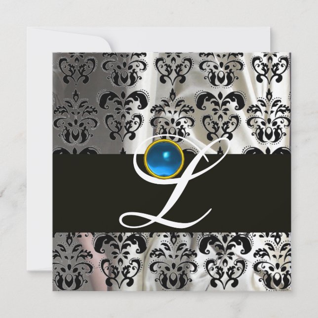 BLACK GOLD SILK DAMASK MONOGRAM BLUE SAPPHIRE INVITATION (Front)