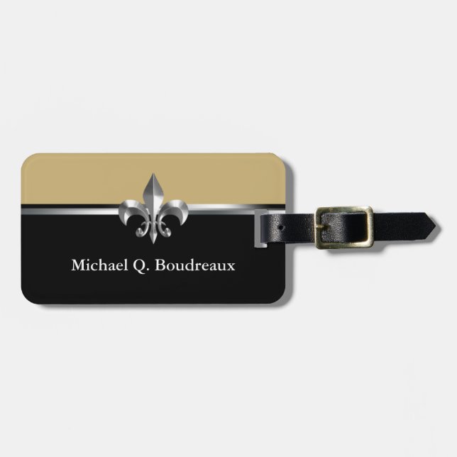 Black Gold Silver Fleur de Lis Luggage Tag (Front Horizontal)
