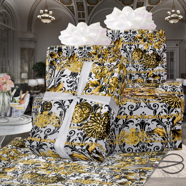 Black Gold Silver Floral Damask Acanthus Leaf Wrapping Paper (Creator Uploaded)