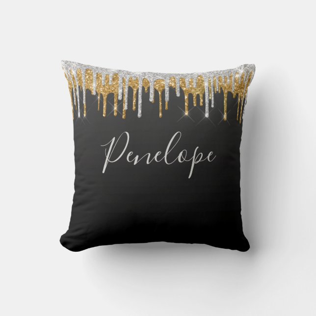 Black Gold Silver Glitter Drip Elegant Monogram Cushion (Front)