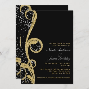 Black Gold & Silver Glitter Elegant Swirl Wedding Invitation