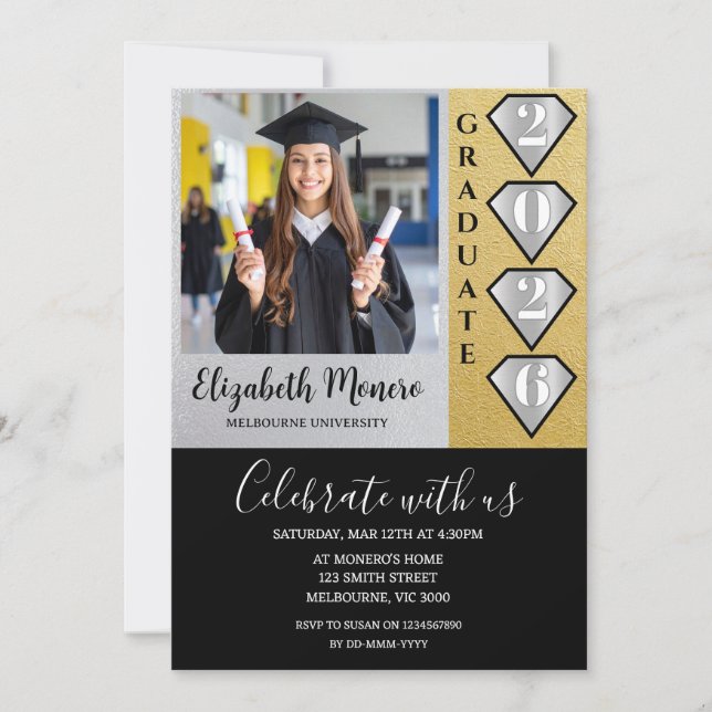 Black Gold Silver Graduation Photo Invitation (Front)