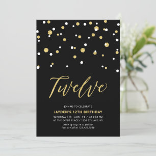 Black & Gold Simple 12th Teen Birthday Party Invitation