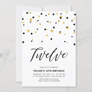 Black & Gold Simple 12th Teen Birthday Party Invitation