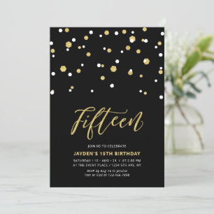 Black & Gold Simple 15th Teen Birthday Party Invitation