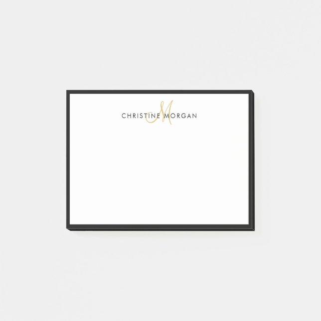 Black gold simple chic minimalist monogram name post-it notes (Front)