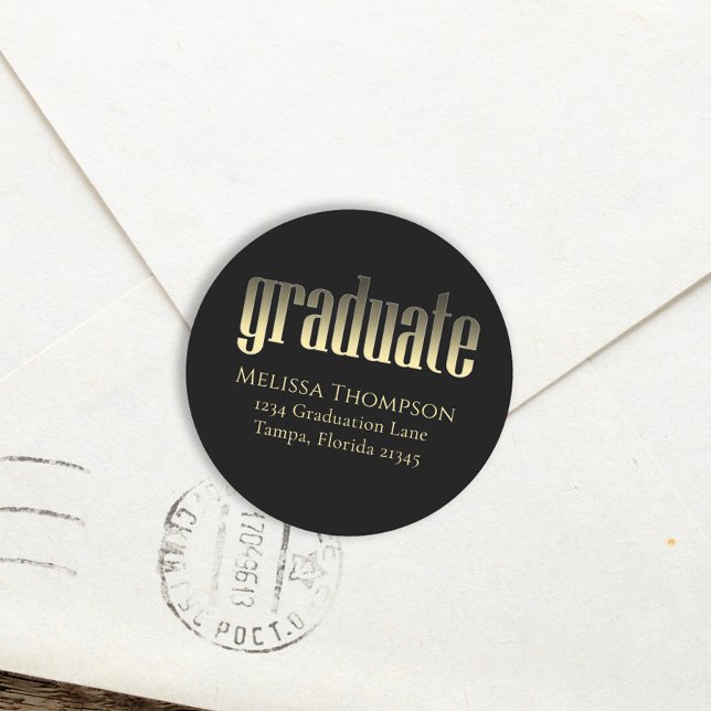 Black Gold Simple Graduation Return Address  Classic Round Sticker (Creator Uploaded)