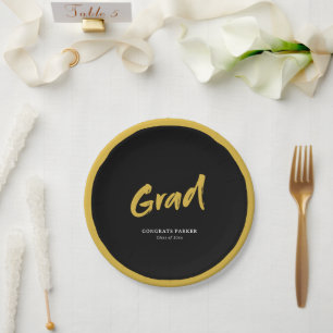 Black & Gold Simple Modern Brush Script Graduation Paper Plate