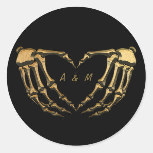 Black Gold Skeleton Gothic Hands Love Heart Shape Classic Round Sticker