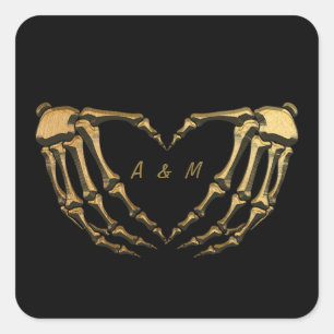 Black Gold Skeleton Gothic Hands Love Heart Shape  Square Sticker