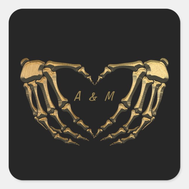 Black Gold Skeleton Gothic Hands Love Heart Shape  Square Sticker (Front)