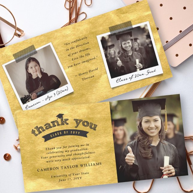 Black Gold Sketch Typography Graduation Cap Photo Thank You Card (Creator Uploaded)