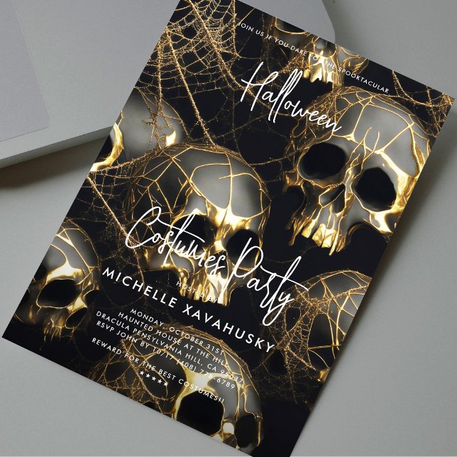 Black Gold Skull Adult Halloween Party Modern  Invitation (Black Gold Skull Adult Halloween Party Modern Invitation
)