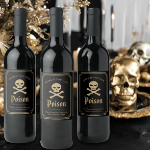 Black & Gold Skull Halloween Party Poison Wine Label
