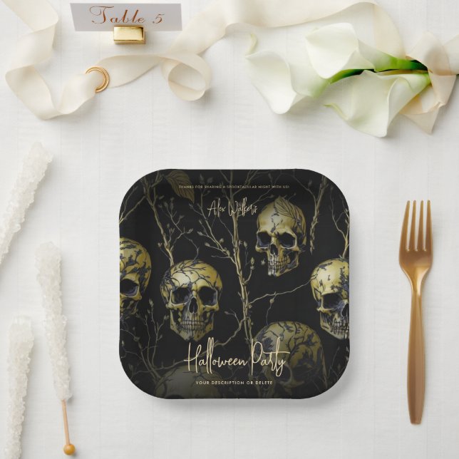 Black Gold Skull Modern Adult Halloween Party  Paper Plate (Wedding)
