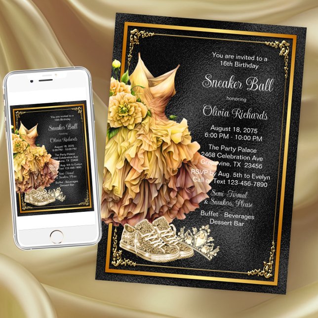 Black Gold Sneaker Ball  Invitation (Black gold sneaker ball invitation. Instant download and printed invitations available.)