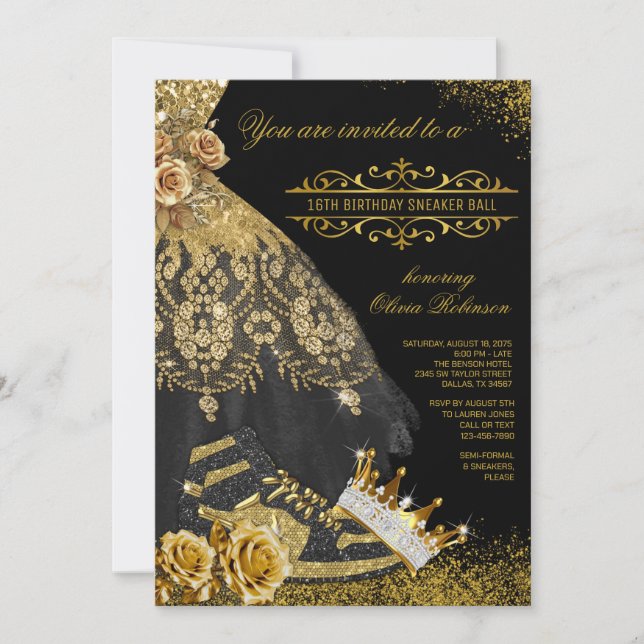 Black Gold Sneakers Gown Crown Sneaker Ball Invitation (Front)