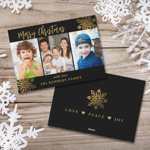 Black & Gold SnowFlake 3 Photo Collage Christmas Holiday Card
