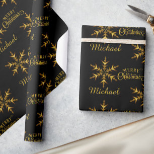 Black Gold Snowflake Add Name Merry Christmas Wrapping Paper
