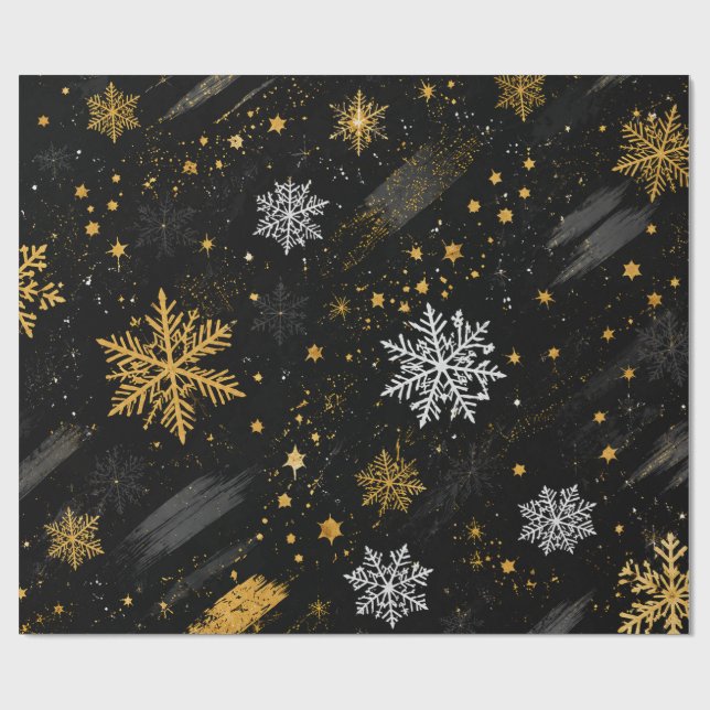 Black Gold Snowflake Christmas Pattern Wrapping Paper (Flat)