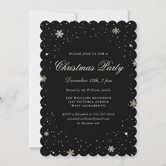 Black Gold Snowflake Elegant Christmas Party Invitation (Front)