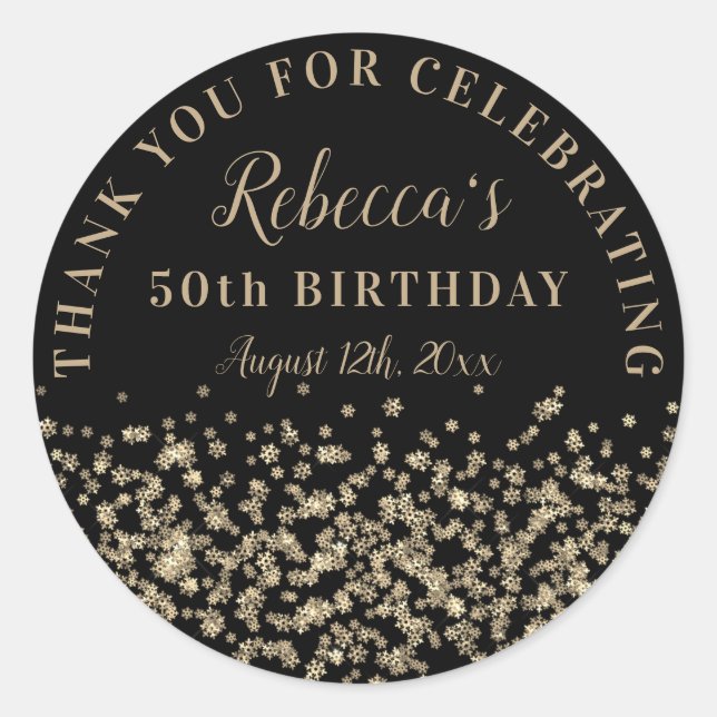 Black Gold Snowflake Glitter 50 Birthday Thank You Classic Round Sticker (Front)