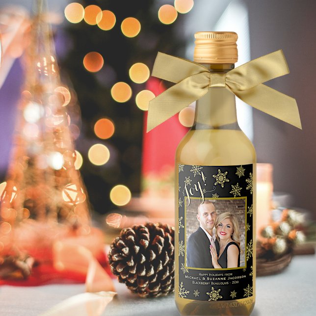 Black & Gold Snowflake Joy Photo Holiday Mini Wine Label (In Situ with Bow)