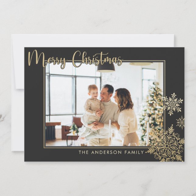 Black & Gold Snowflakes Merry Christmas Photo Holiday Card (Front)