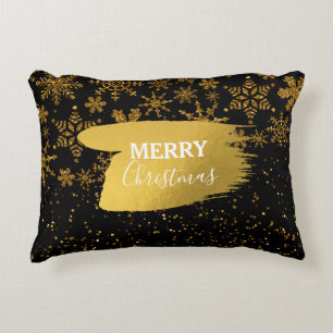Black & Gold Snowflakes Stars Merry Christmas Decorative Cushion