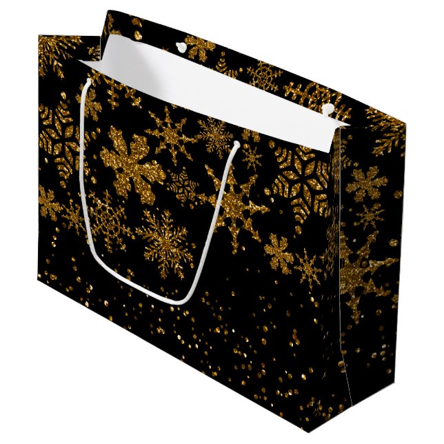 Black & Gold Snowflakes Stars Merry Christmas Large Gift Bag (Front Angled)