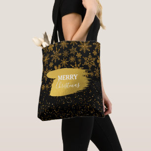 Black & Gold Snowflakes Stars Merry Christmas Tote Bag