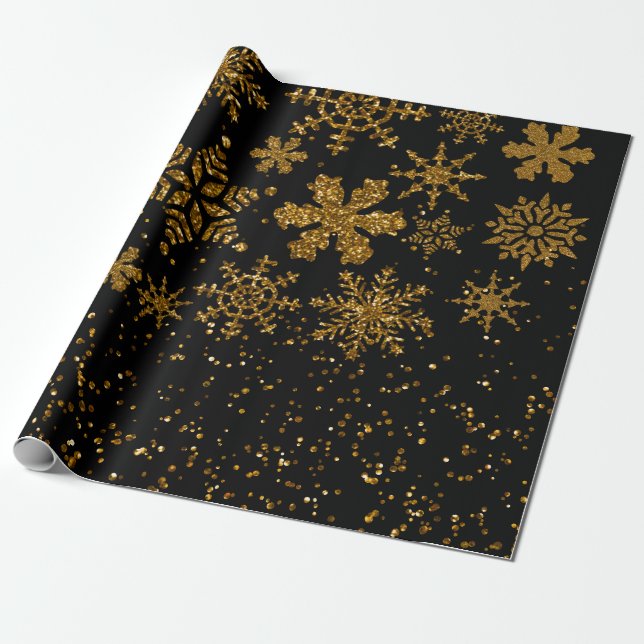 Black & Gold Snowflakes Stars Merry Christmas Wrapping Paper (Unrolled)