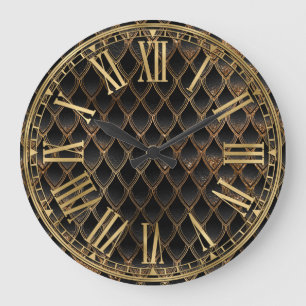 Black & Gold Sparkle Dragon Scales Large Clock