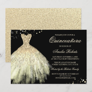 Black Gold Sparkle Dress Quinceanera Invitation