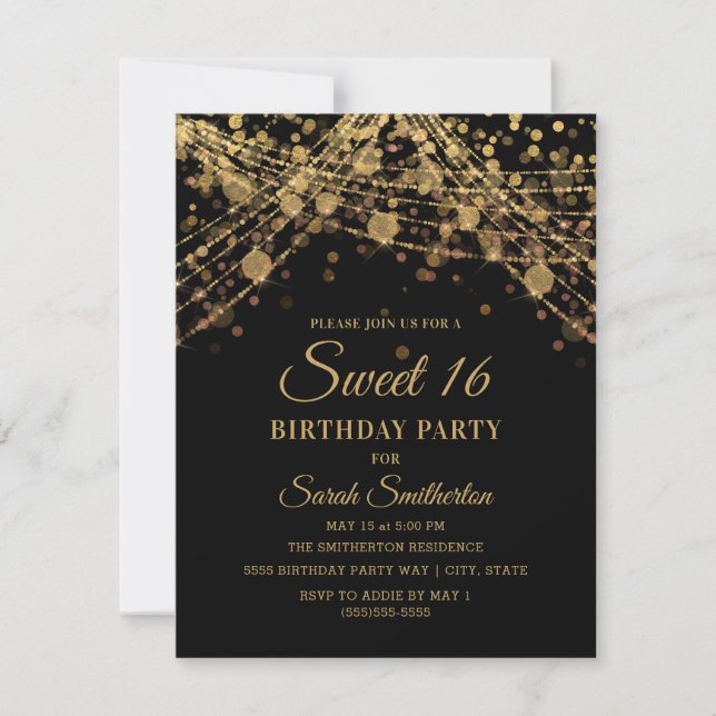 Black Gold Sparkle Glitter String Lights Sweet 16 Invitation (Front)