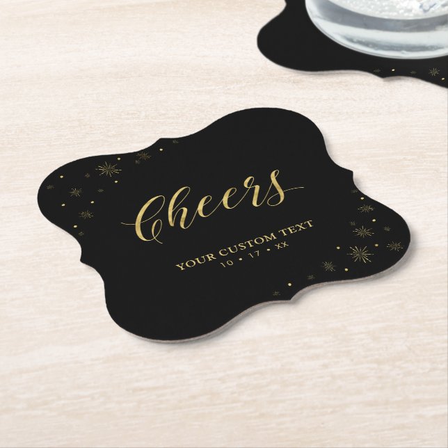 Black & Gold Sparkle Modern Adult Birthday Party Paper Coaster (Angled)