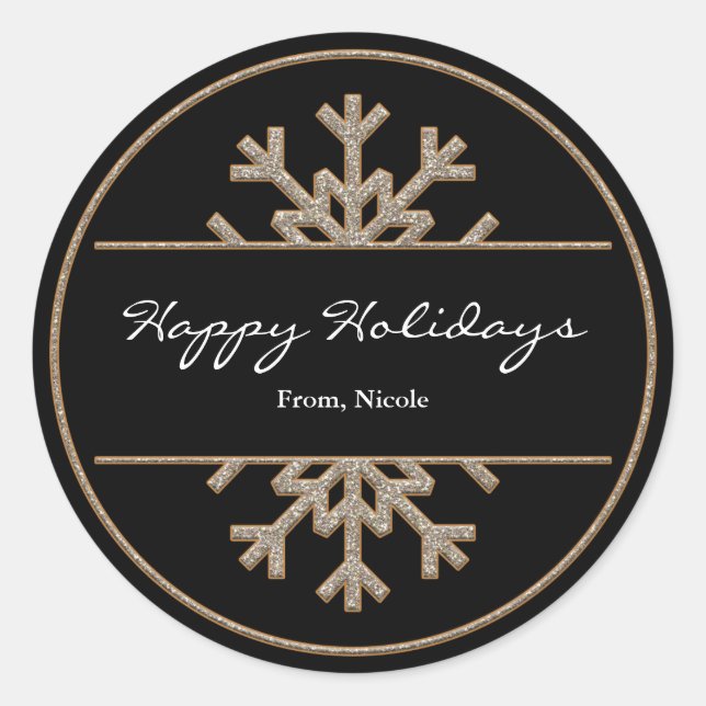 Black & Gold Sparkle Snowflake Holiday Sticker (Front)