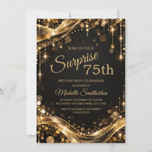 Black Gold Sparkle Surprise 75th Birthday Invitation