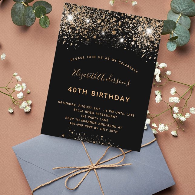 Black gold sparkles birthday invitation postcard (Creator Uploaded)