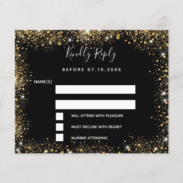 Black gold sparkles budget wedding RSVP (Front)