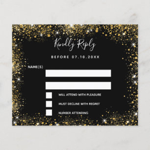 Black gold sparkles budget wedding RSVP